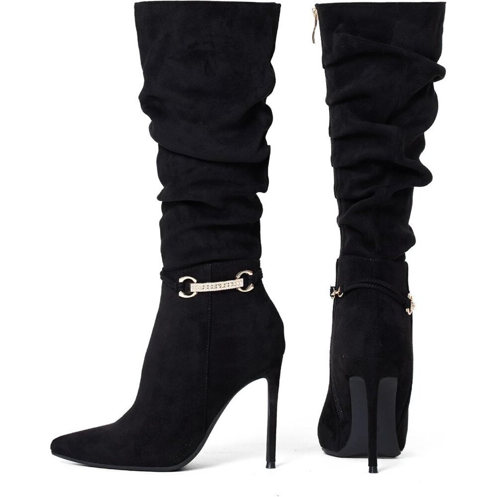 Women's Black Suede  Knee High Side Zipper  Pointed Toe Stylish Dress Boot - Picture 5 of 6